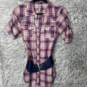 Street Flower Plaid Belted Button-up Legging Shirt